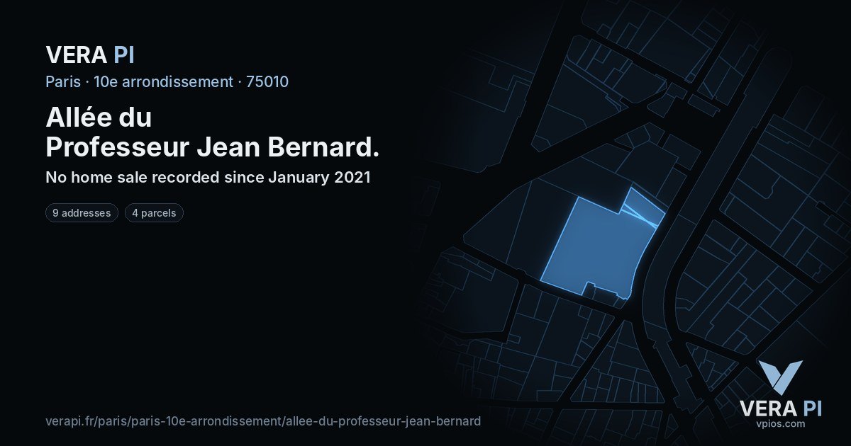Allée du Professeur Jean Bernard, 10e arrondissement at night – every parcel coloured by the prices around it, the street's own parcels lit
