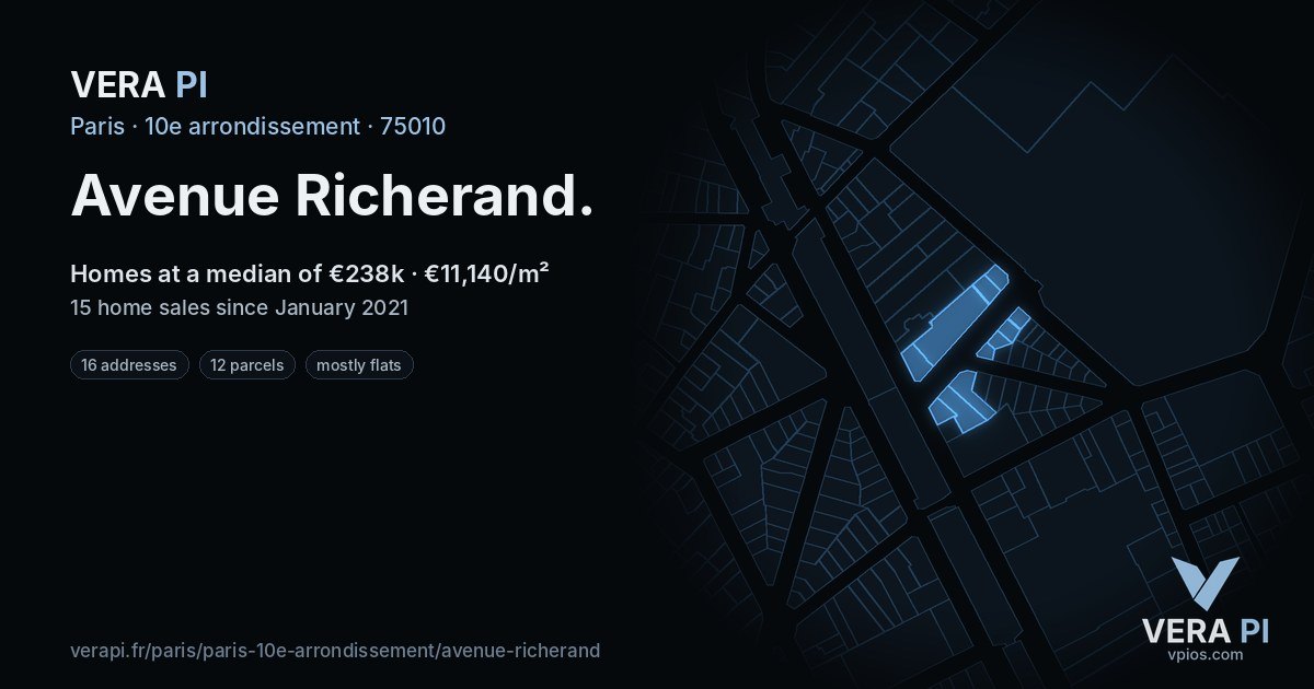 Avenue Richerand, 10e arrondissement at night – every parcel coloured by the prices around it, the street's own parcels lit