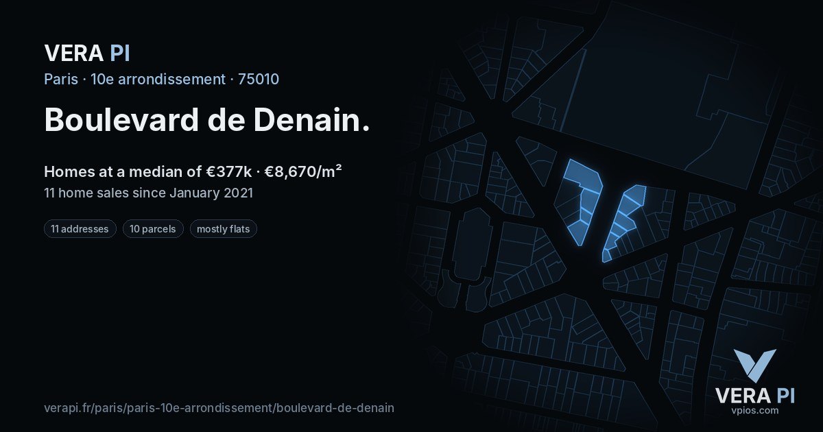 Boulevard de Denain, 10e arrondissement at night – every parcel coloured by the prices around it, the street's own parcels lit