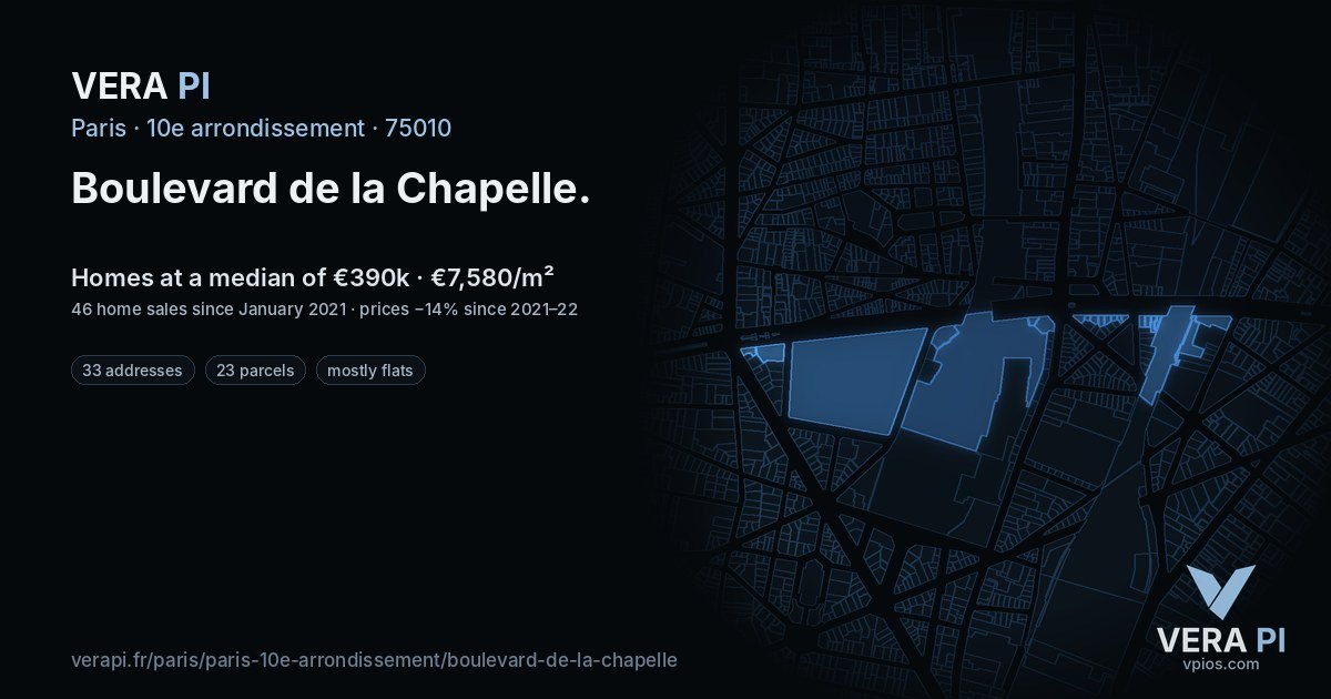 Boulevard de la Chapelle, 10e arrondissement at night – every parcel coloured by the prices around it, the street's own parcels lit