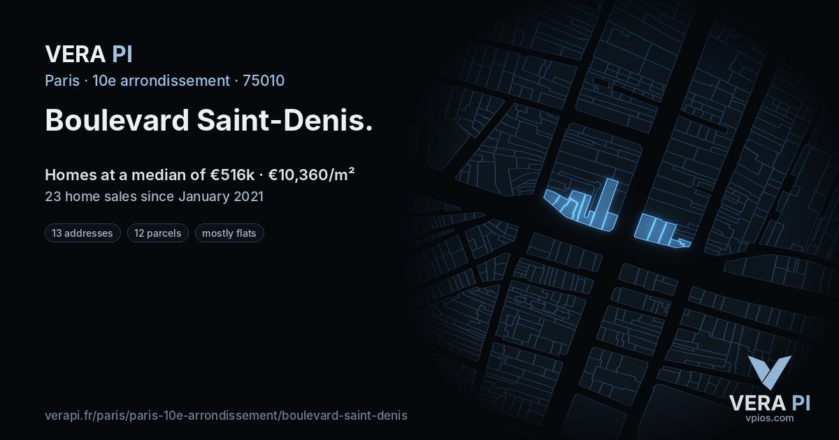 Boulevard Saint-Denis, 10e arrondissement at night – every parcel coloured by the prices around it, the street's own parcels lit