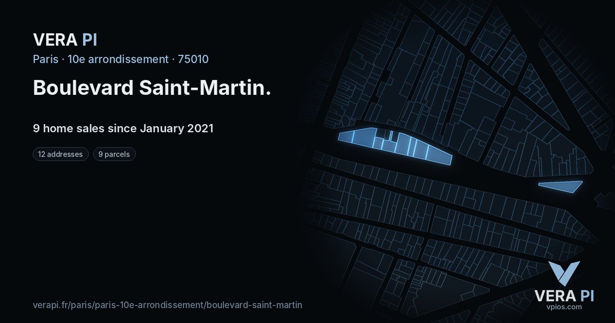 Boulevard Saint-Martin, 10e arrondissement at night – every parcel coloured by the prices around it, the street's own parcels lit