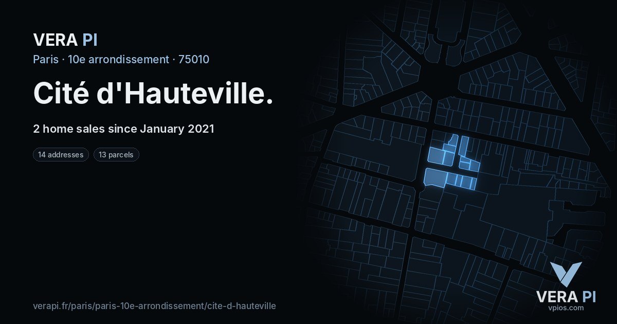 Cité d'Hauteville, 10e arrondissement at night – every parcel coloured by the prices around it, the street's own parcels lit
