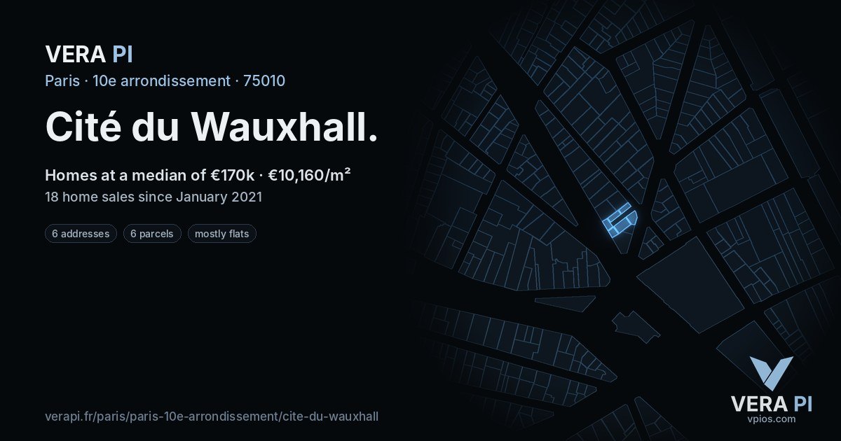 Cité du Wauxhall, 10e arrondissement at night – every parcel coloured by the prices around it, the street's own parcels lit