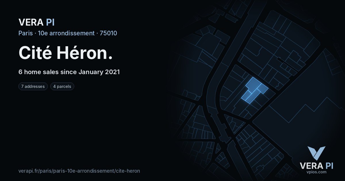 Cité Héron, 10e arrondissement at night – every parcel coloured by the prices around it, the street's own parcels lit
