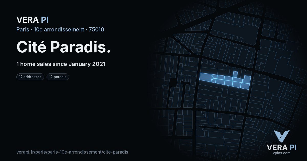 Cité Paradis, 10e arrondissement at night – every parcel coloured by the prices around it, the street's own parcels lit