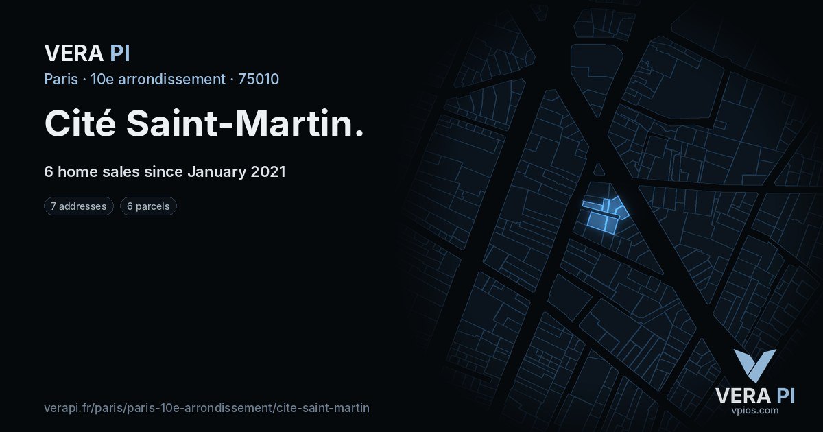 Cité Saint-Martin, 10e arrondissement at night – every parcel coloured by the prices around it, the street's own parcels lit