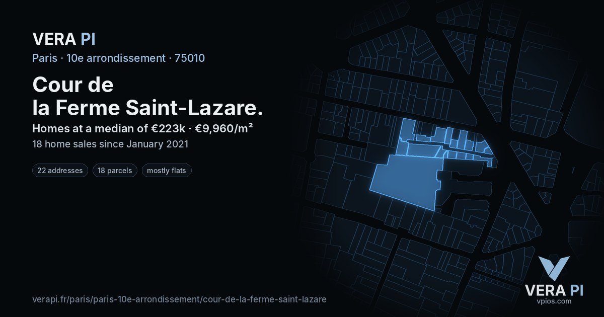Cour de la Ferme Saint-Lazare, 10e arrondissement at night – every parcel coloured by the prices around it, the street's own parcels lit
