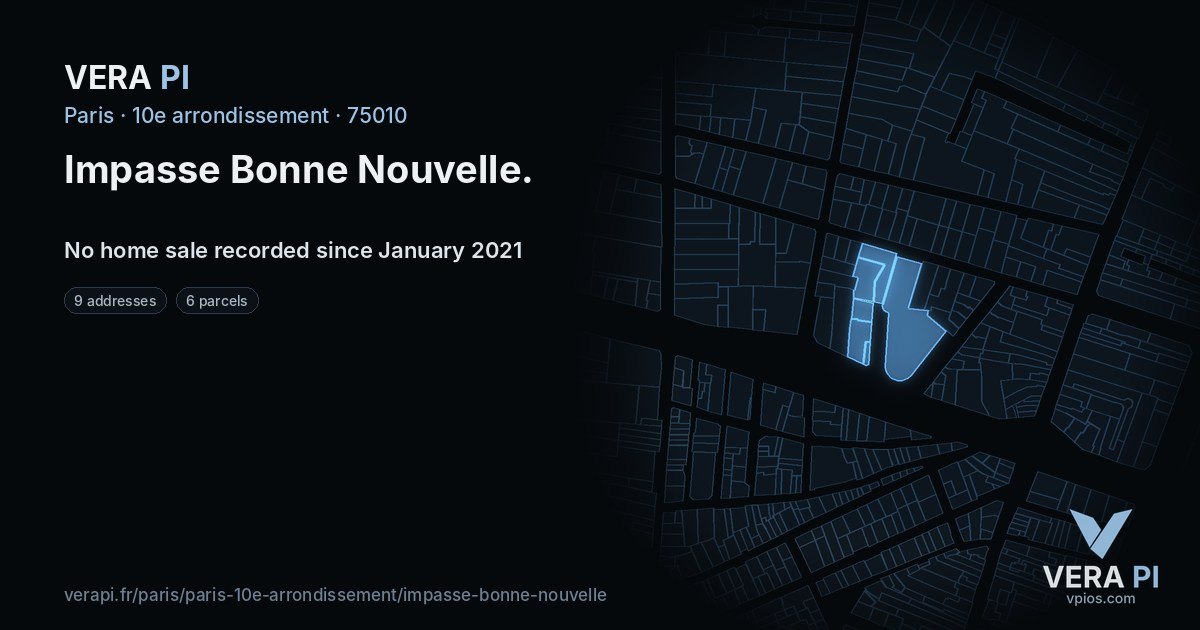 Impasse Bonne Nouvelle, 10e arrondissement at night – every parcel coloured by the prices around it, the street's own parcels lit