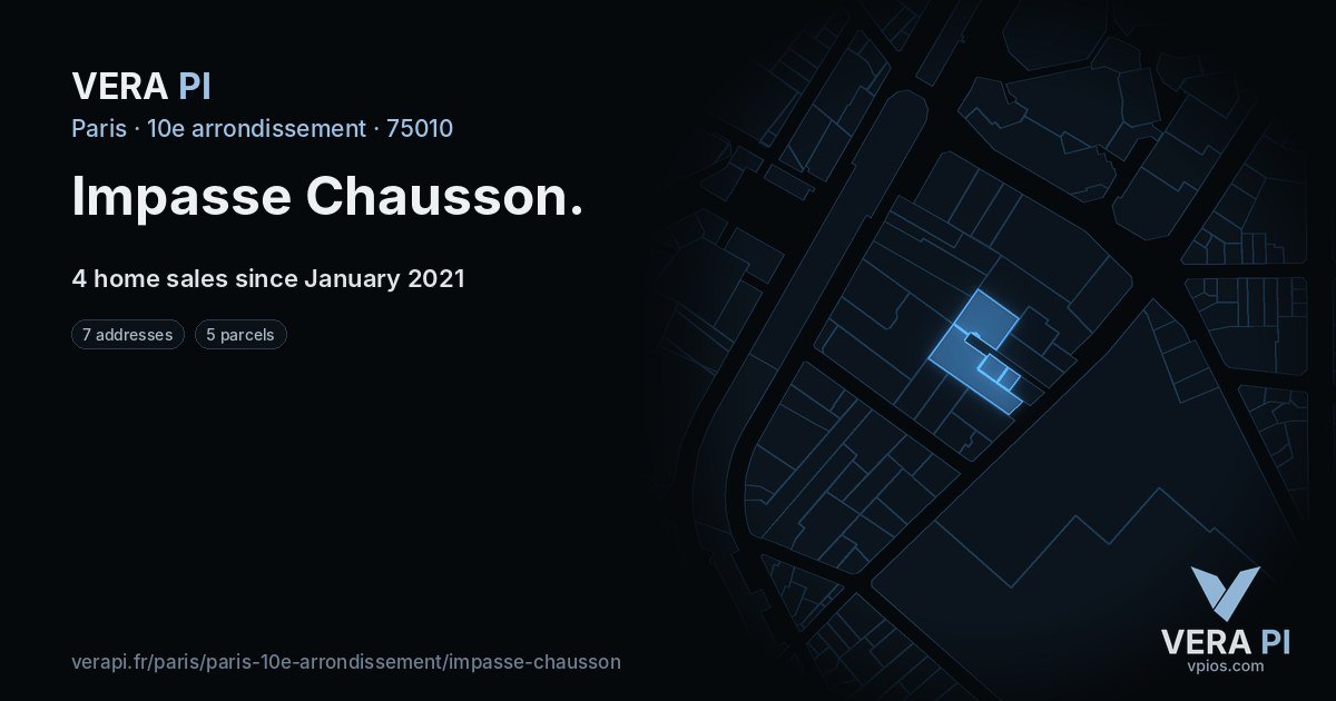 Impasse Chausson, 10e arrondissement at night – every parcel coloured by the prices around it, the street's own parcels lit