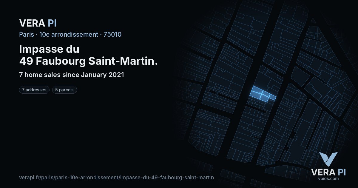 Impasse du 49 Faubourg Saint-Martin, 10e arrondissement at night – every parcel coloured by the prices around it, the street's own parcels lit