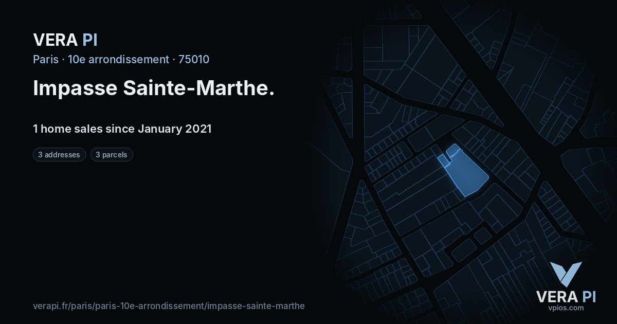 Impasse Sainte-Marthe, 10e arrondissement at night – every parcel coloured by the prices around it, the street's own parcels lit