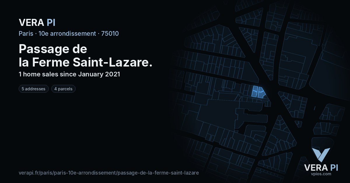 Passage de la Ferme Saint-Lazare, 10e arrondissement at night – every parcel coloured by the prices around it, the street's own parcels lit