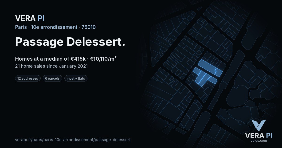 Passage Delessert, 10e arrondissement at night – every parcel coloured by the prices around it, the street's own parcels lit