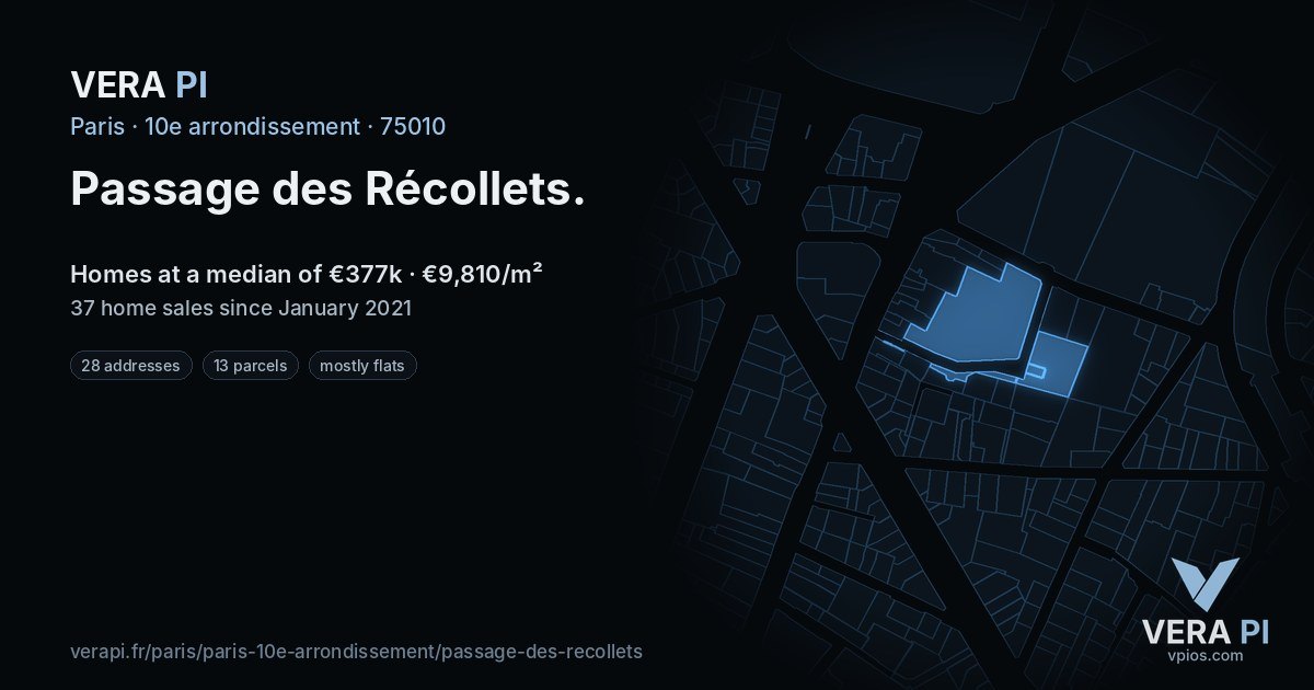 Passage des Récollets, 10e arrondissement at night – every parcel coloured by the prices around it, the street's own parcels lit