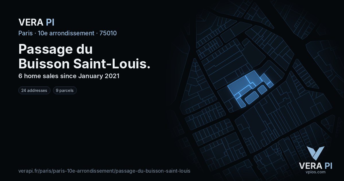 Passage du Buisson Saint-Louis, 10e arrondissement at night – every parcel coloured by the prices around it, the street's own parcels lit