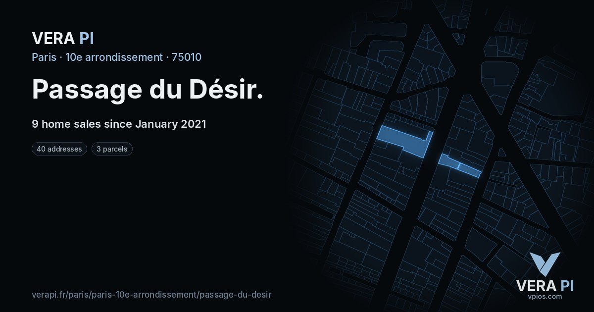 Passage du Désir, 10e arrondissement at night – every parcel coloured by the prices around it, the street's own parcels lit