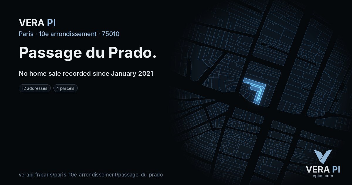 Passage du Prado, 10e arrondissement at night – every parcel coloured by the prices around it, the street's own parcels lit