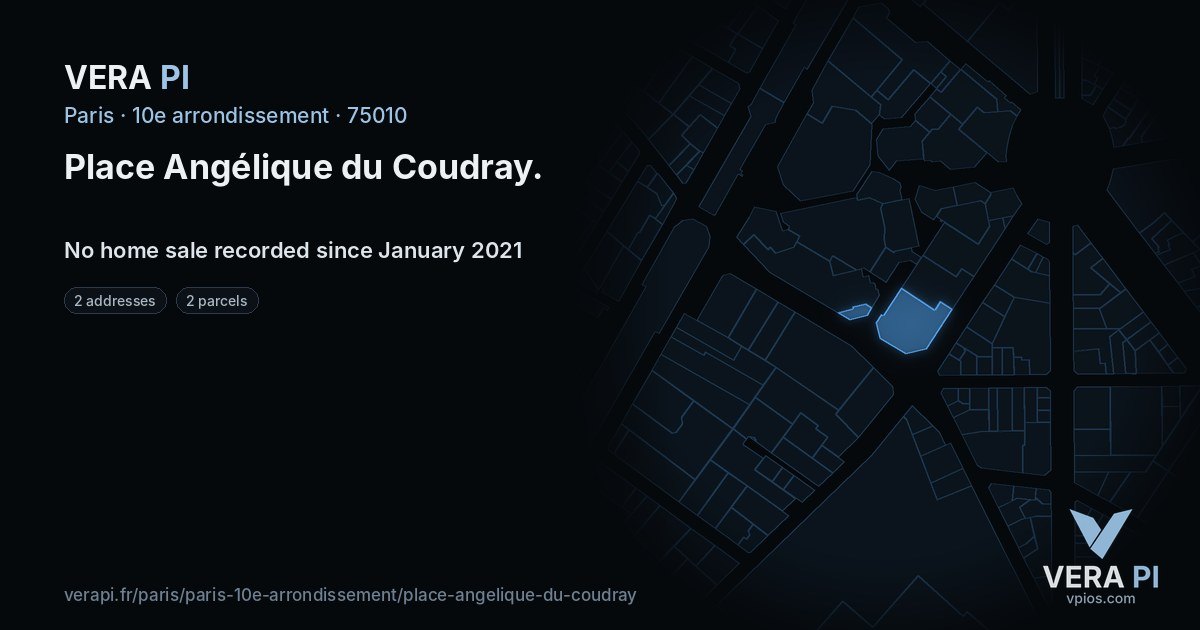 Place Angélique du Coudray, 10e arrondissement at night – every parcel coloured by the prices around it, the street's own parcels lit