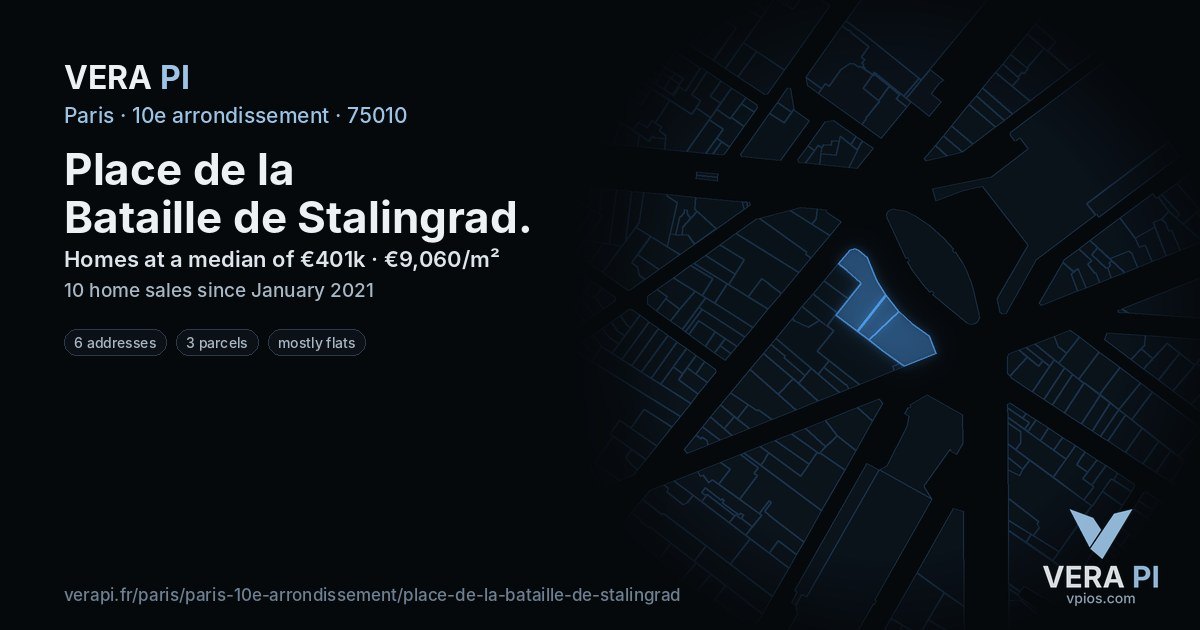 Place de la Bataille de Stalingrad, 10e arrondissement at night – every parcel coloured by the prices around it, the street's own parcels lit