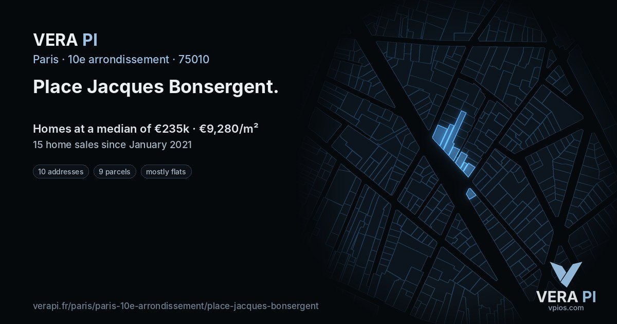 Place Jacques Bonsergent, 10e arrondissement at night – every parcel coloured by the prices around it, the street's own parcels lit