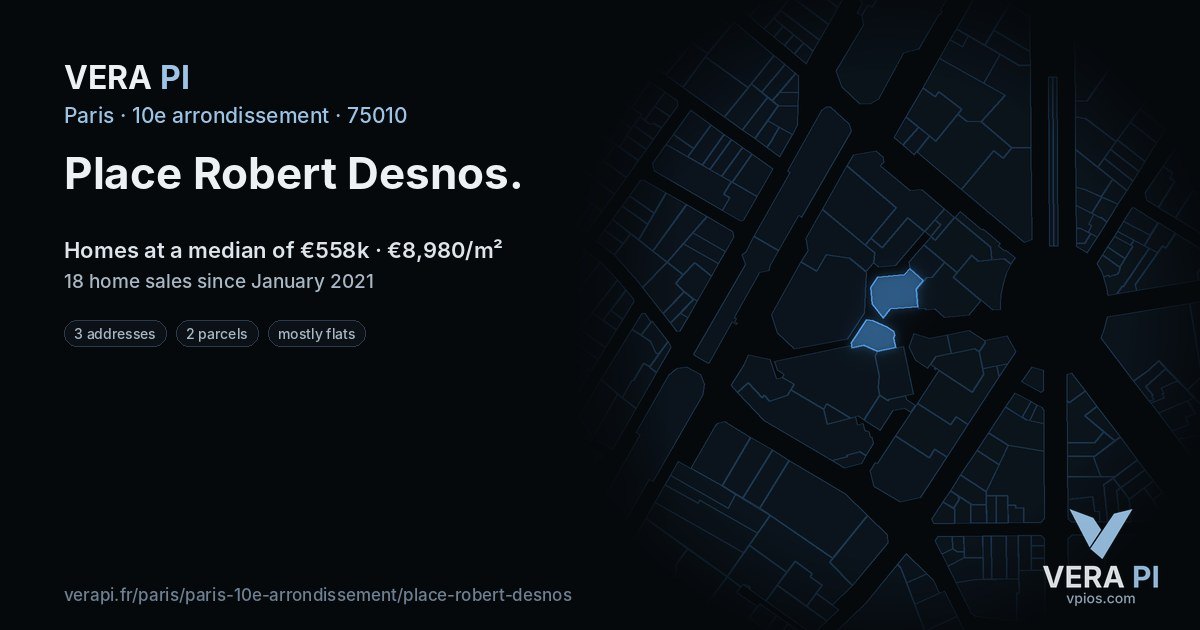 Place Robert Desnos, 10e arrondissement at night – every parcel coloured by the prices around it, the street's own parcels lit