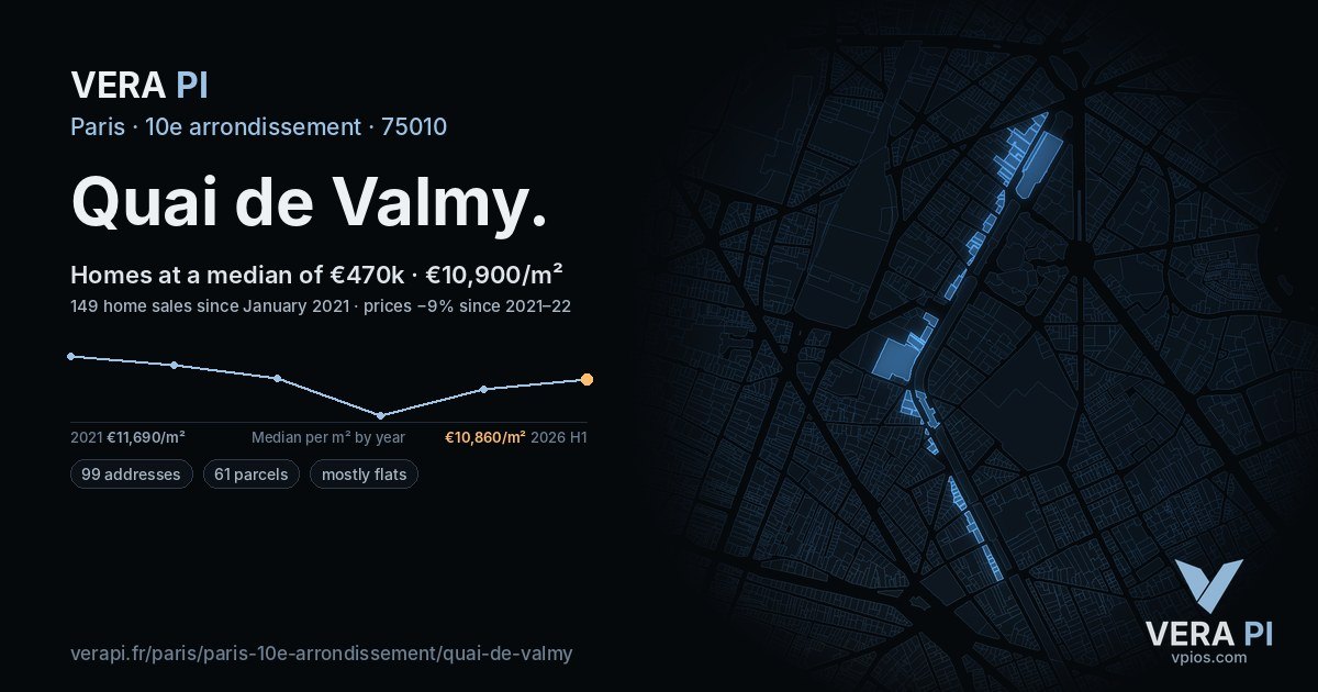 Quai de Valmy, 10e arrondissement at night – every parcel coloured by the prices around it, the street's own parcels lit