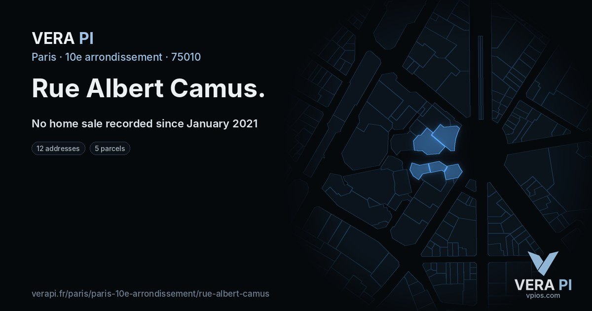 Rue Albert Camus, 10e arrondissement at night – every parcel coloured by the prices around it, the street's own parcels lit
