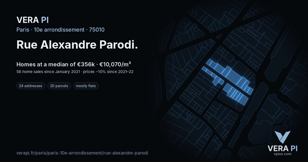 Rue Alexandre Parodi, 10e arrondissement at night – every parcel coloured by the prices around it, the street's own parcels lit