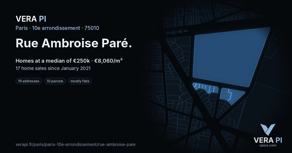 Rue Ambroise Paré, 10e arrondissement at night – every parcel coloured by the prices around it, the street's own parcels lit