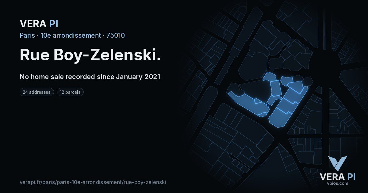 Rue Boy-Zelenski, 10e arrondissement at night – every parcel coloured by the prices around it, the street's own parcels lit