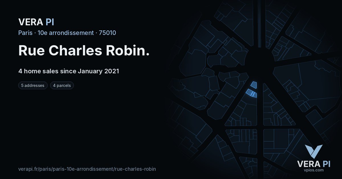 Rue Charles Robin, 10e arrondissement at night – every parcel coloured by the prices around it, the street's own parcels lit