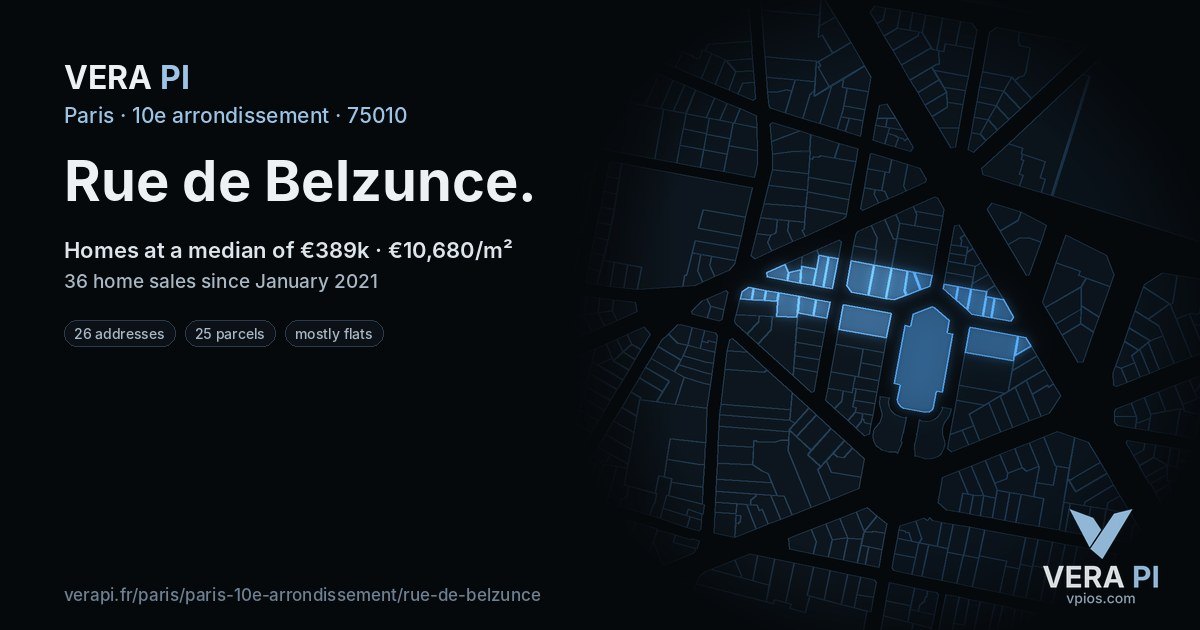 Rue de Belzunce, 10e arrondissement at night – every parcel coloured by the prices around it, the street's own parcels lit
