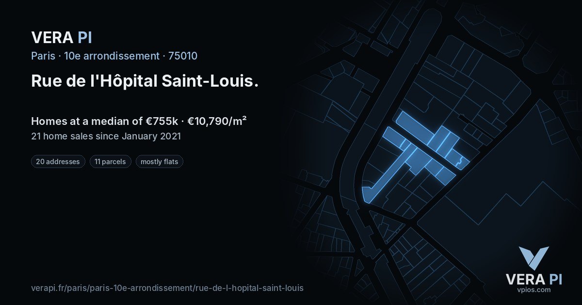 Rue de l'Hôpital Saint-Louis, 10e arrondissement at night – every parcel coloured by the prices around it, the street's own parcels lit