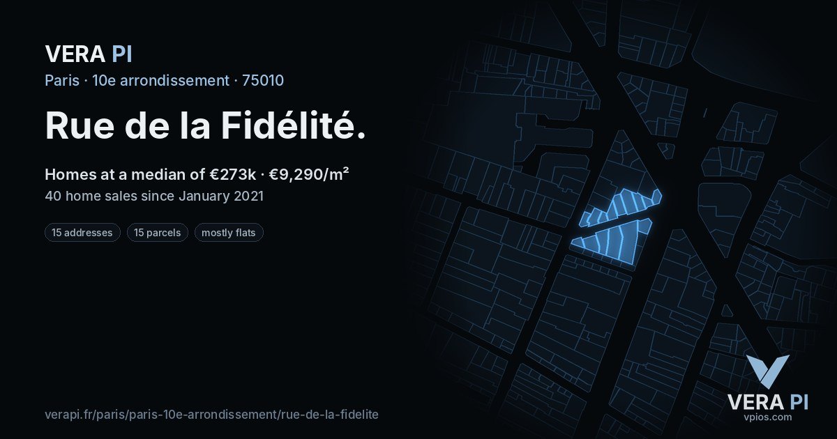 Rue de la Fidélité, 10e arrondissement at night – every parcel coloured by the prices around it, the street's own parcels lit