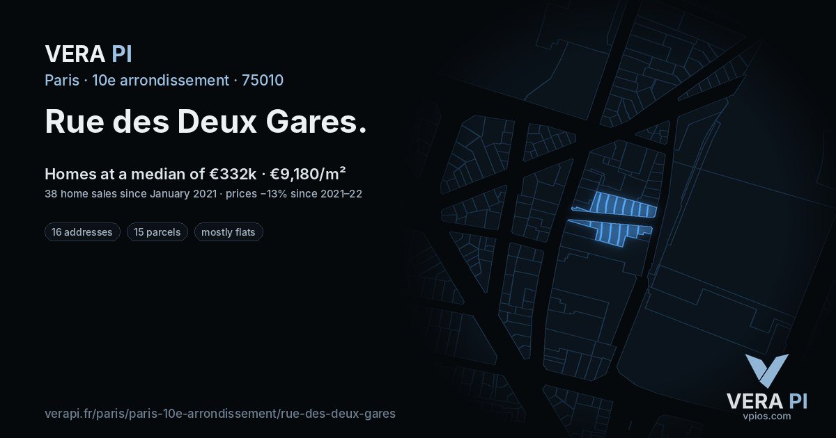 Rue des Deux Gares, 10e arrondissement at night – every parcel coloured by the prices around it, the street's own parcels lit