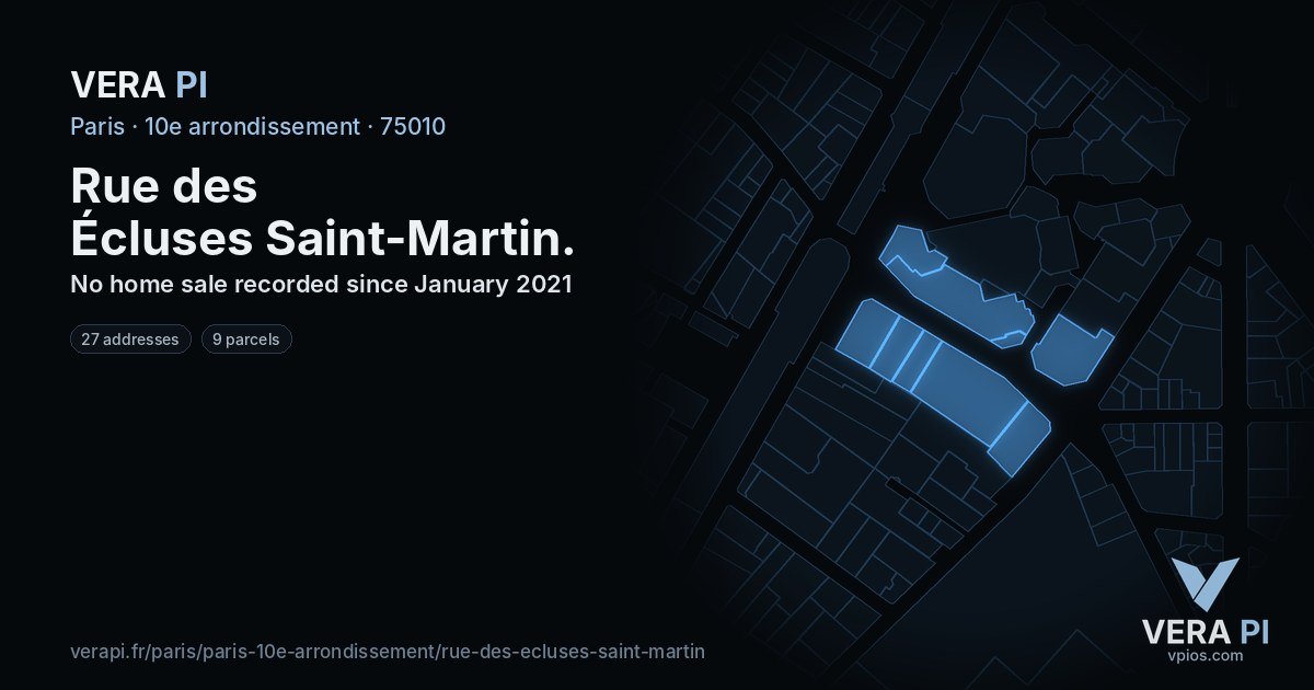 Rue des Écluses Saint-Martin, 10e arrondissement at night – every parcel coloured by the prices around it, the street's own parcels lit