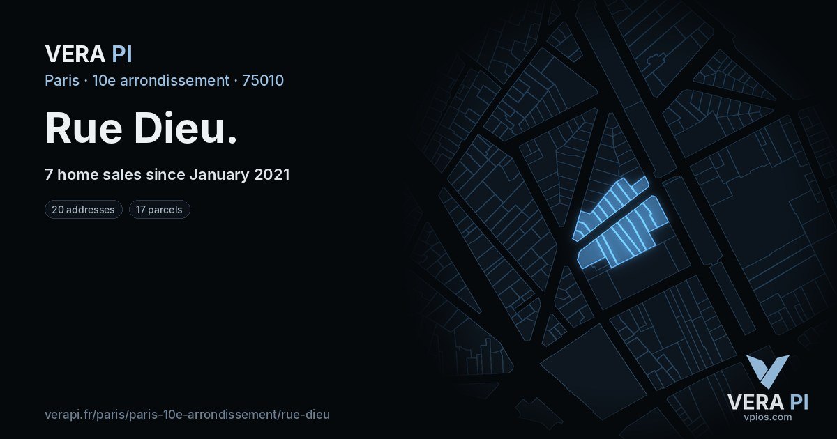 Rue Dieu, 10e arrondissement at night – every parcel coloured by the prices around it, the street's own parcels lit