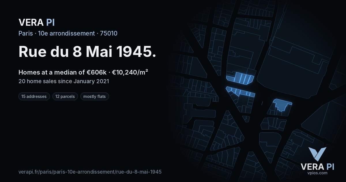 Rue du 8 Mai 1945, 10e arrondissement at night – every parcel coloured by the prices around it, the street's own parcels lit
