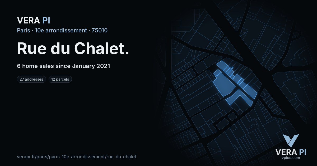 Rue du Chalet, 10e arrondissement at night – every parcel coloured by the prices around it, the street's own parcels lit