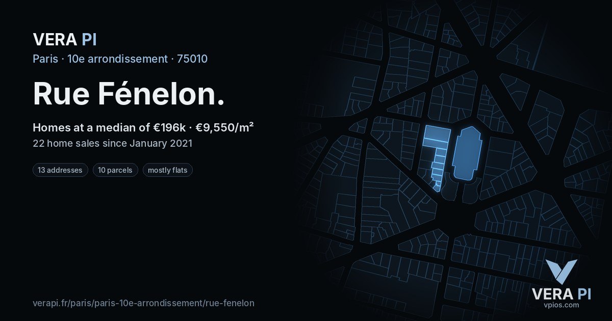 Rue Fénelon, 10e arrondissement at night – every parcel coloured by the prices around it, the street's own parcels lit