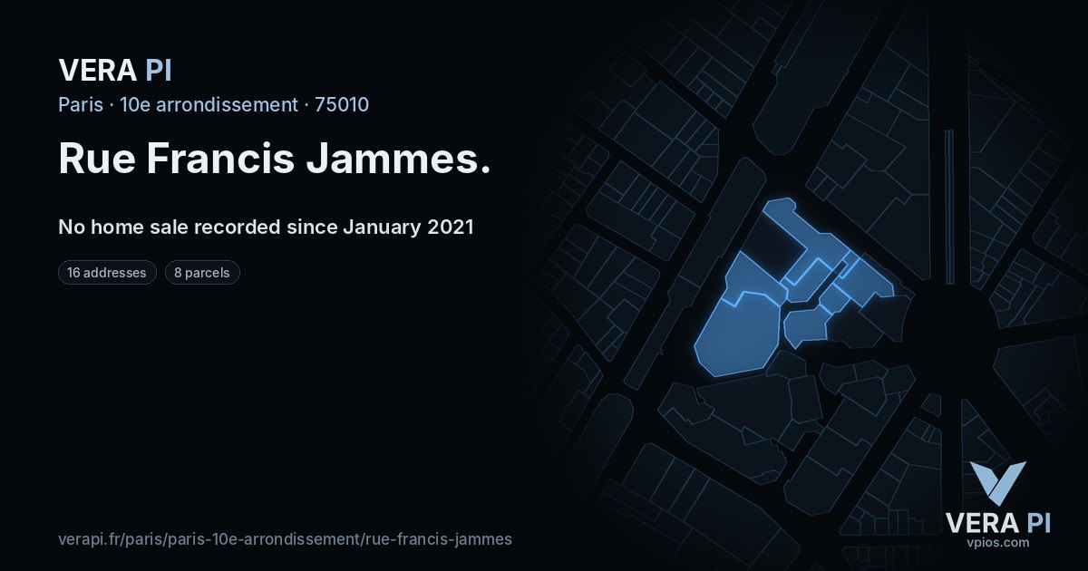 Rue Francis Jammes, 10e arrondissement at night – every parcel coloured by the prices around it, the street's own parcels lit