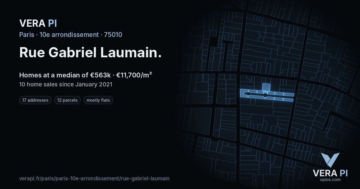 Rue Gabriel Laumain, 10e arrondissement at night – every parcel coloured by the prices around it, the street's own parcels lit