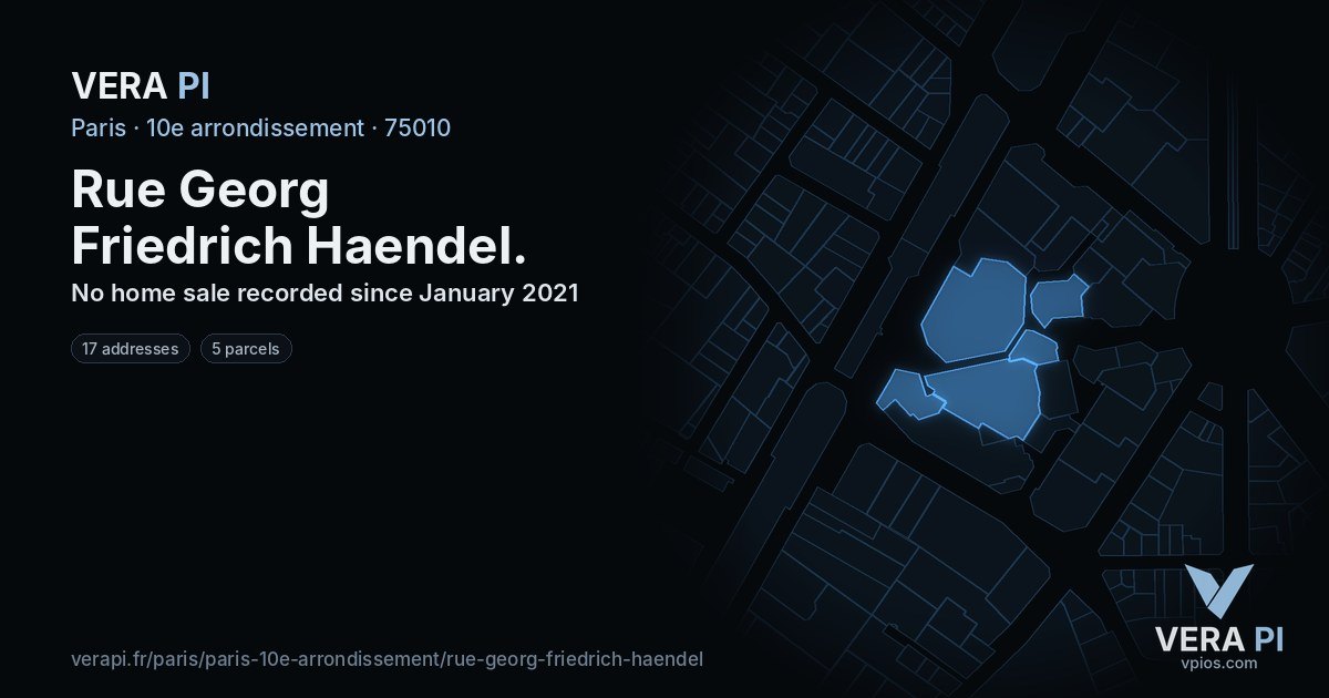 Rue Georg Friedrich Haendel, 10e arrondissement at night – every parcel coloured by the prices around it, the street's own parcels lit