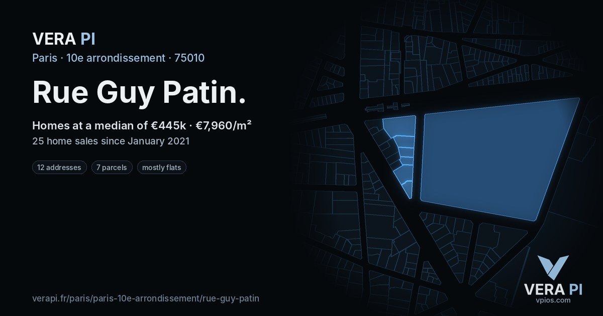 Rue Guy Patin, 10e arrondissement at night – every parcel coloured by the prices around it, the street's own parcels lit