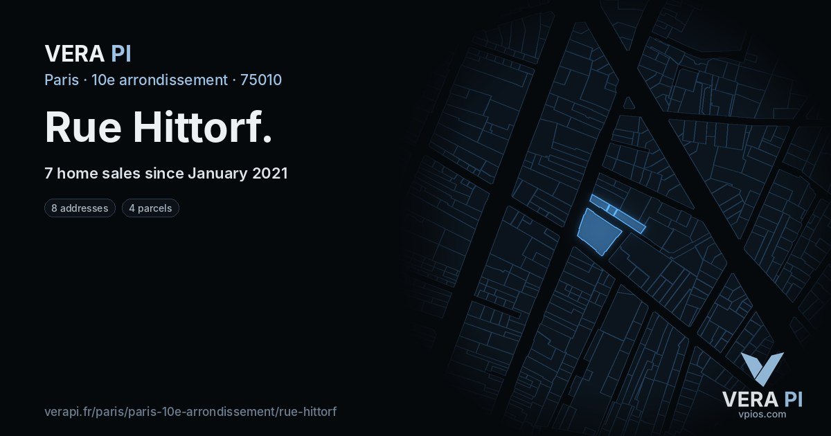 Rue Hittorf, 10e arrondissement at night – every parcel coloured by the prices around it, the street's own parcels lit