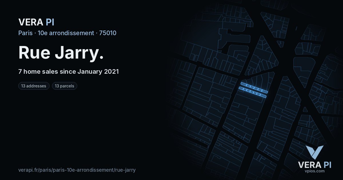 Rue Jarry, 10e arrondissement at night – every parcel coloured by the prices around it, the street's own parcels lit