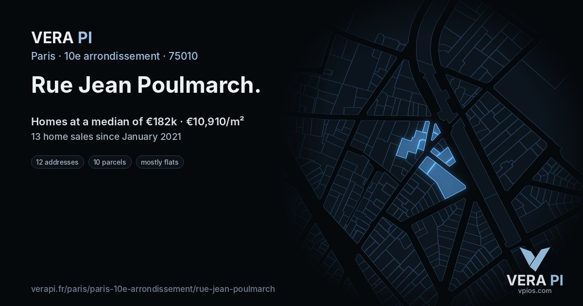 Rue Jean Poulmarch, 10e arrondissement at night – every parcel coloured by the prices around it, the street's own parcels lit