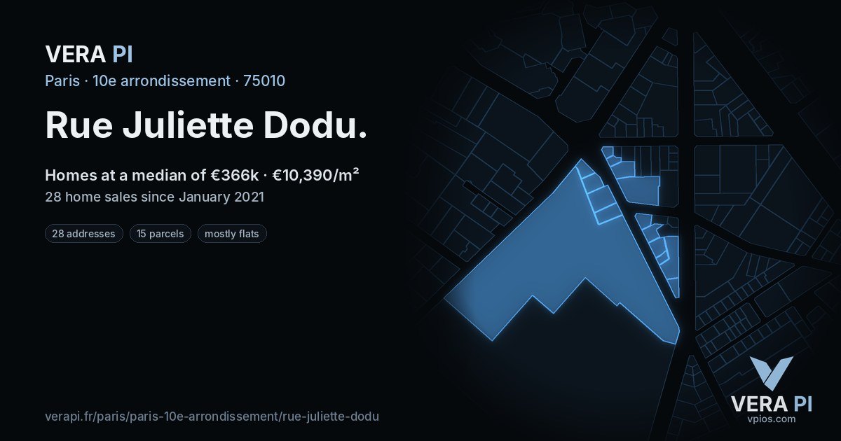Rue Juliette Dodu, 10e arrondissement at night – every parcel coloured by the prices around it, the street's own parcels lit