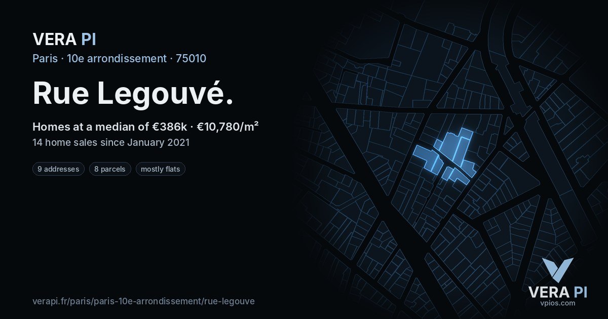 Rue Legouvé, 10e arrondissement at night – every parcel coloured by the prices around it, the street's own parcels lit
